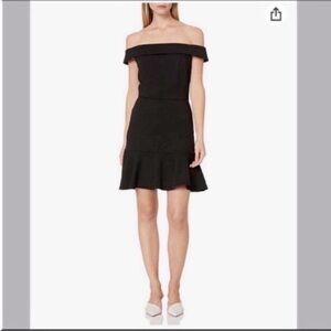 ABS Allen Schwartz Off Shoulder Black Fit & Flare Dress Petite S Scuba Crepe